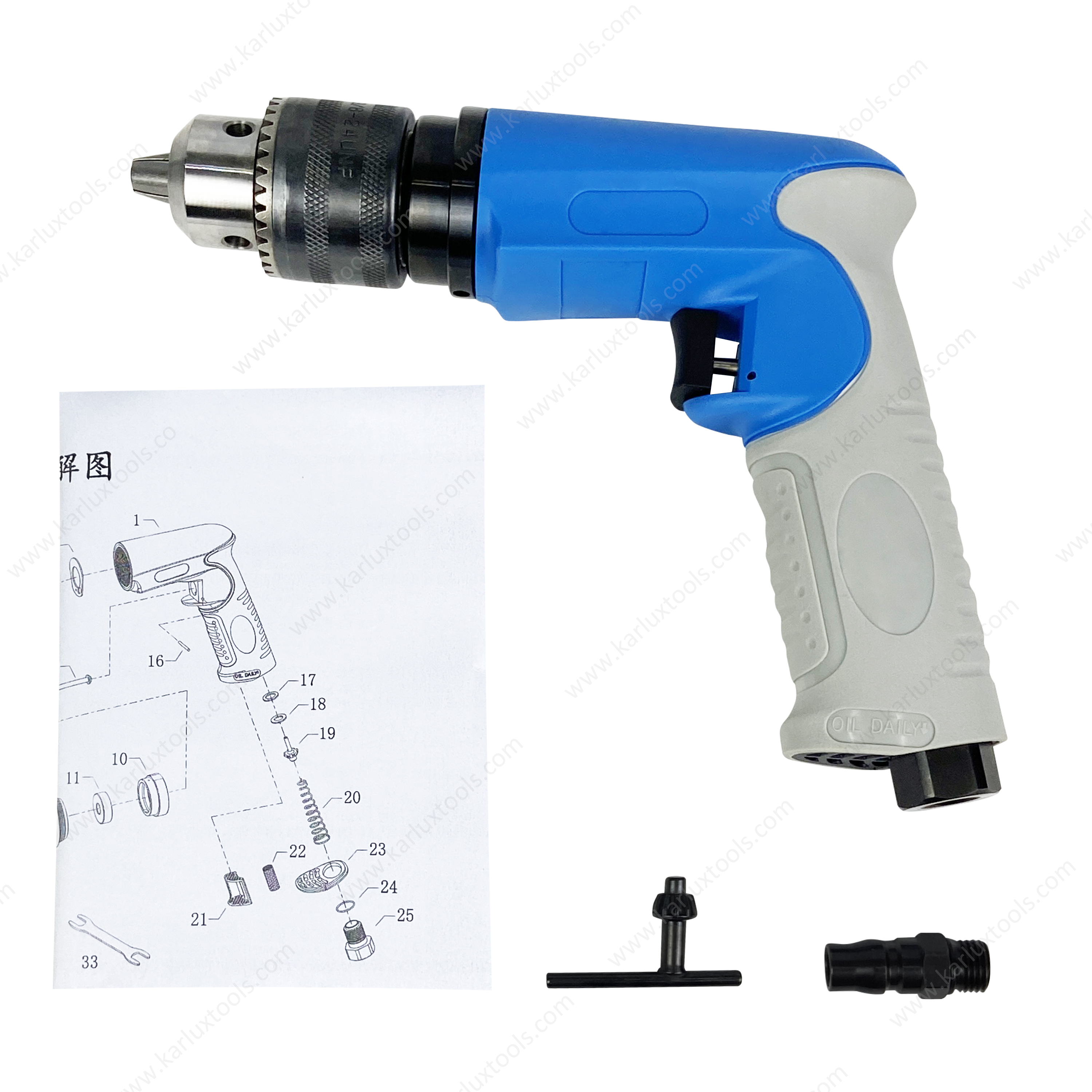 20,000Rpm 1.0Hp Ultra-Low Noise Industrial Non-Reversible Pistol Pneumatic Drill Air Drill With Chuck 1/2"