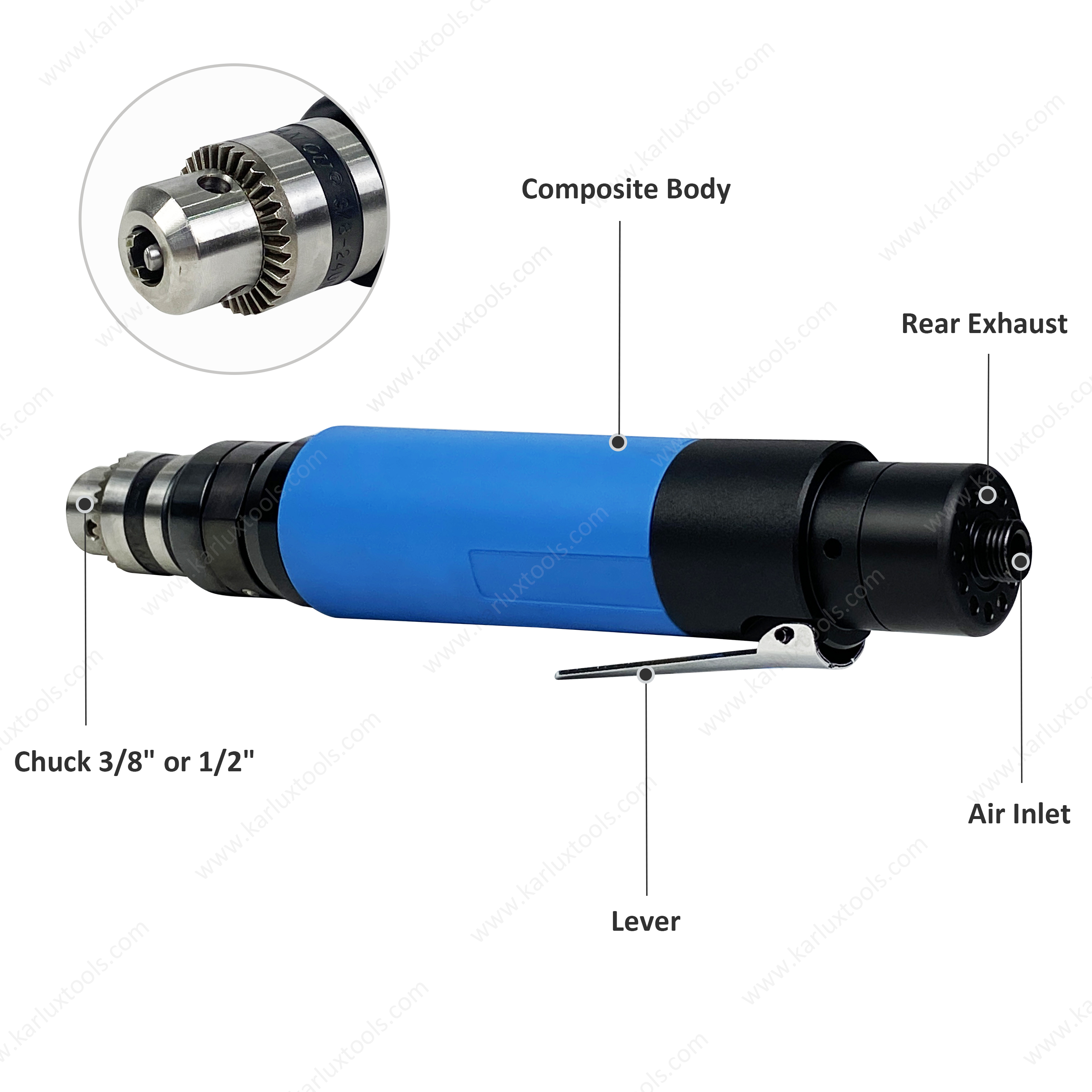 3,000Rpm 1.0Hp Ultra-Low Noise Hand Drill Industrial Pneumatic Air Straight Drill With Chuck 3/8"