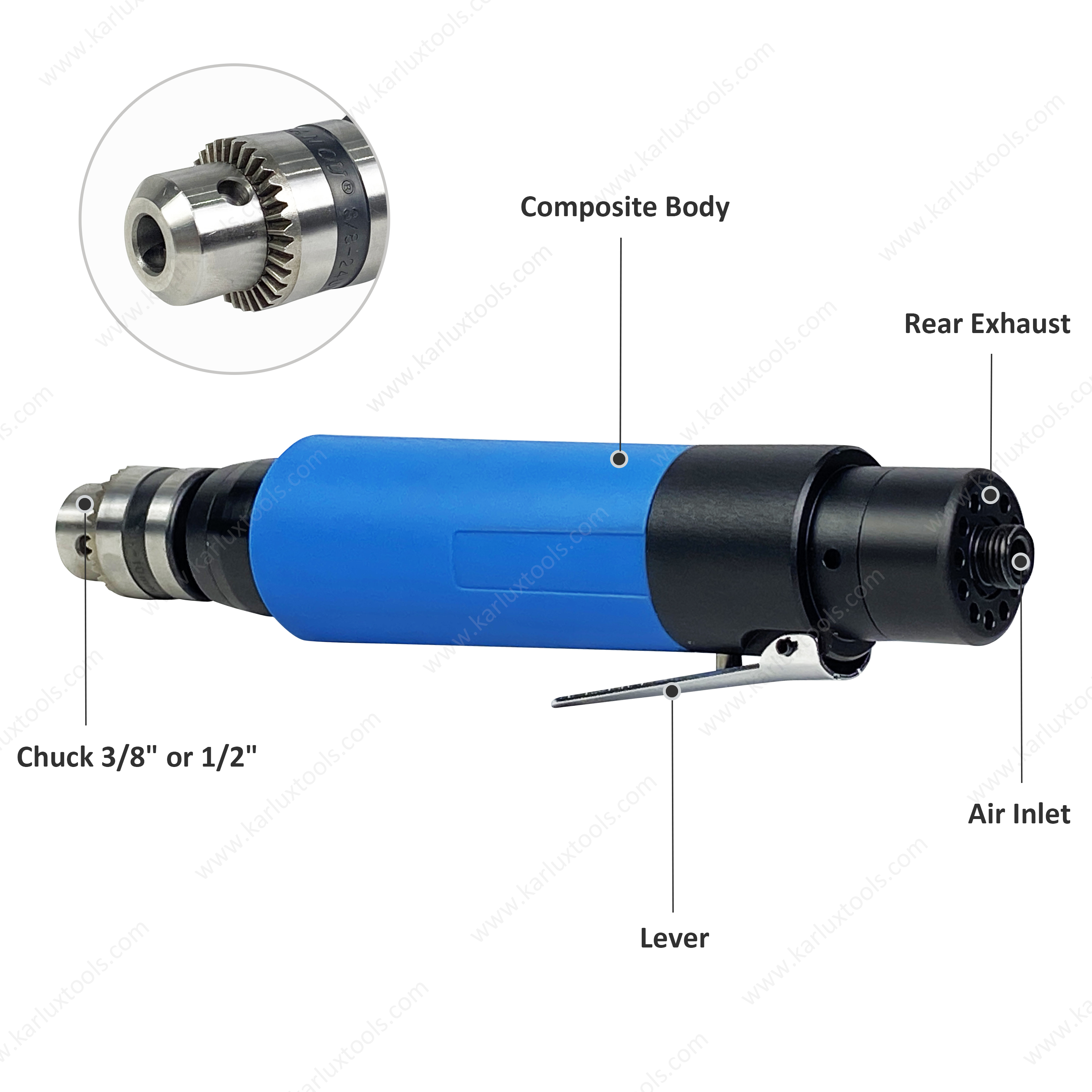 20,000Rpm 1.0Hp Ultra-Low Noise Industrial Pneumatic Drill Air Straight Drill With Chuck 3/8"