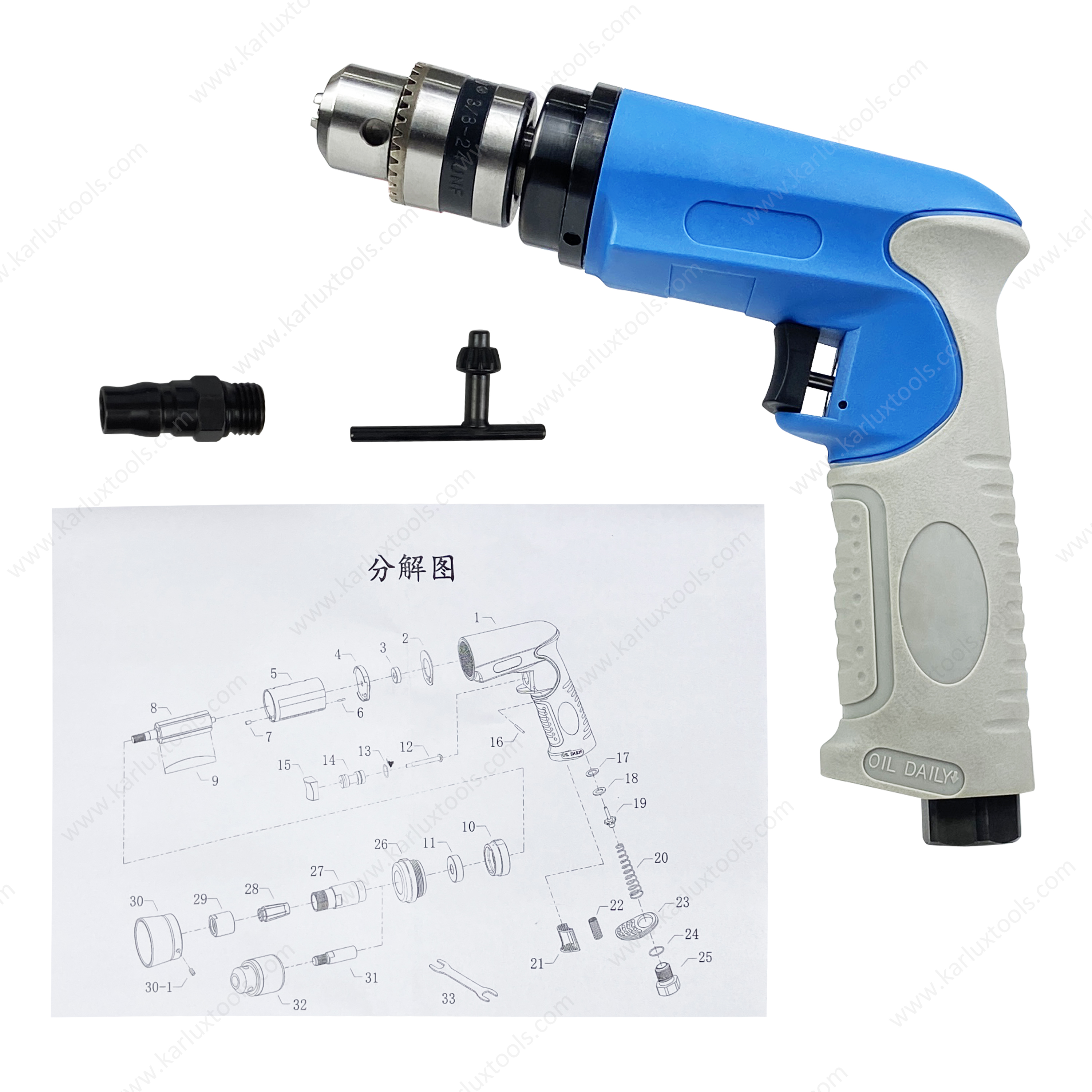 20,000Rpm 1.0Hp Ultra-Low Noise Industrial Non-Reversible Pistol Pneumatic Drill Air Drill With Chuck 3/8"