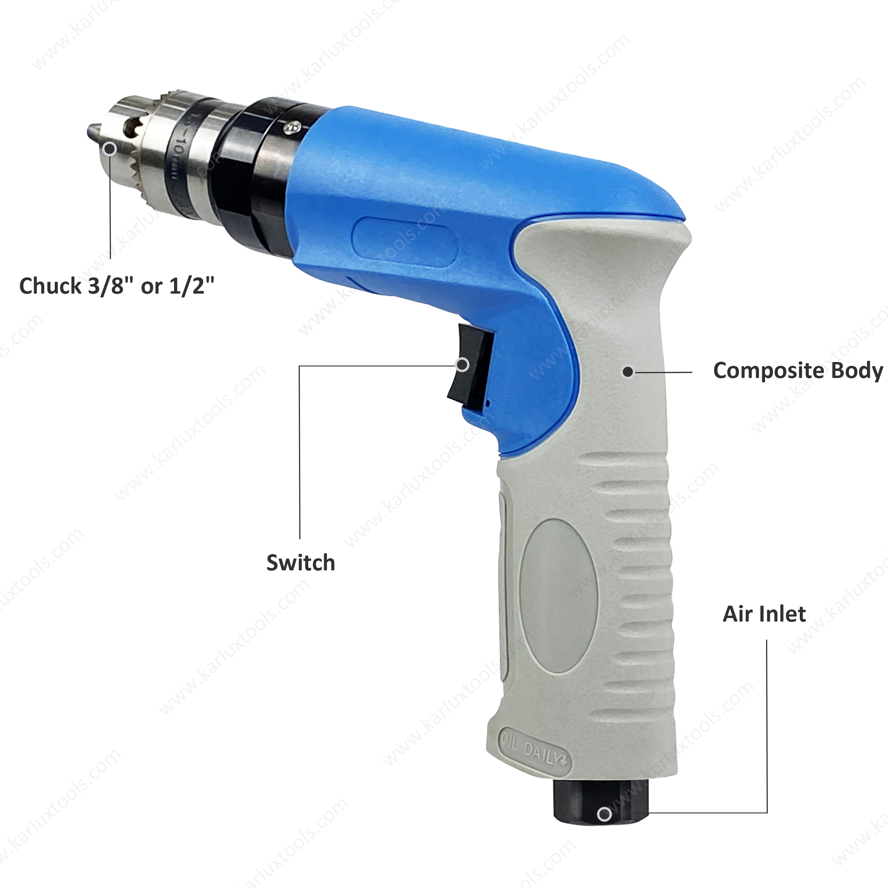 3,000Rpm 1.0Hp Ultra-Low Noise Mini Hand Drill Industrial Non-Reversible Pistol Pneumatic Air Drill With Chuck 3/8"