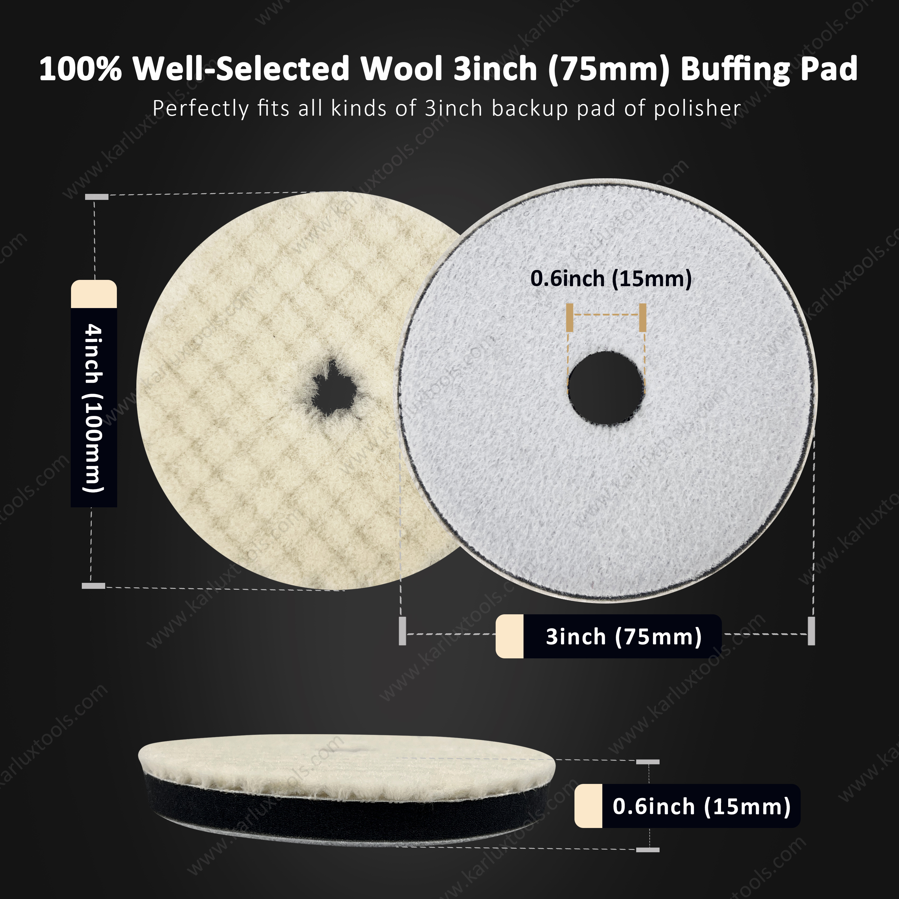 3inch 75mm Single Sided Flat Grid or Stripe Surface Wool Pad Buffing Pad Japanese Wool Polishing Pad Dual Action RO GA Polisher