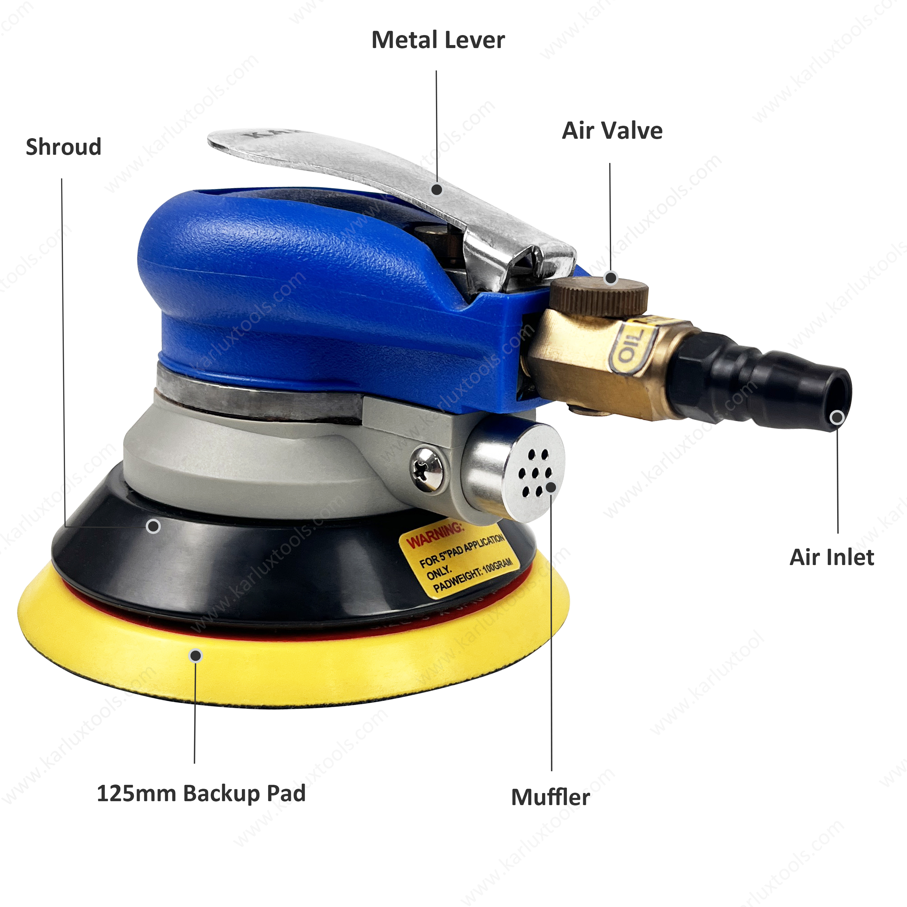 5Inch 10000RPM 5mm Orbit Non-Vacuum Pneumatic Sanding Polisher Air Random Orbital Sander for Automotive Wood Metal Finishing