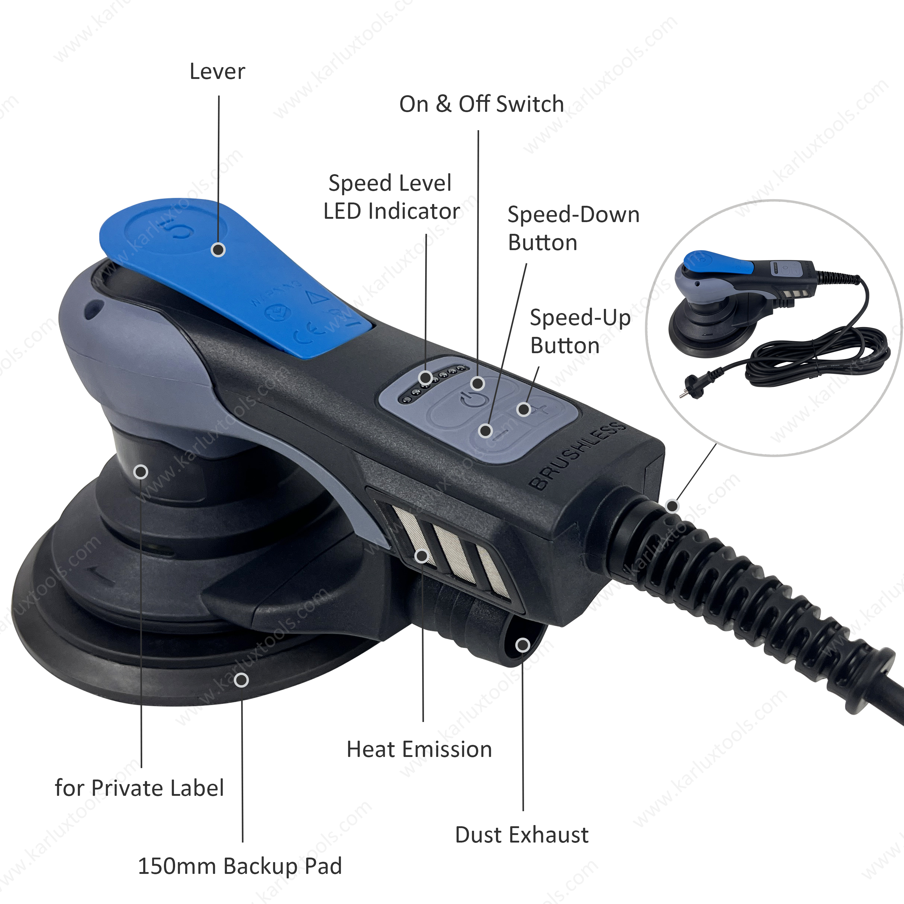 6Inch 150Mm 4,000-10,000Rpm Variable Speed Central Vacuum Sander Factory Sanding Power Tools Electric Random Orbital Sander