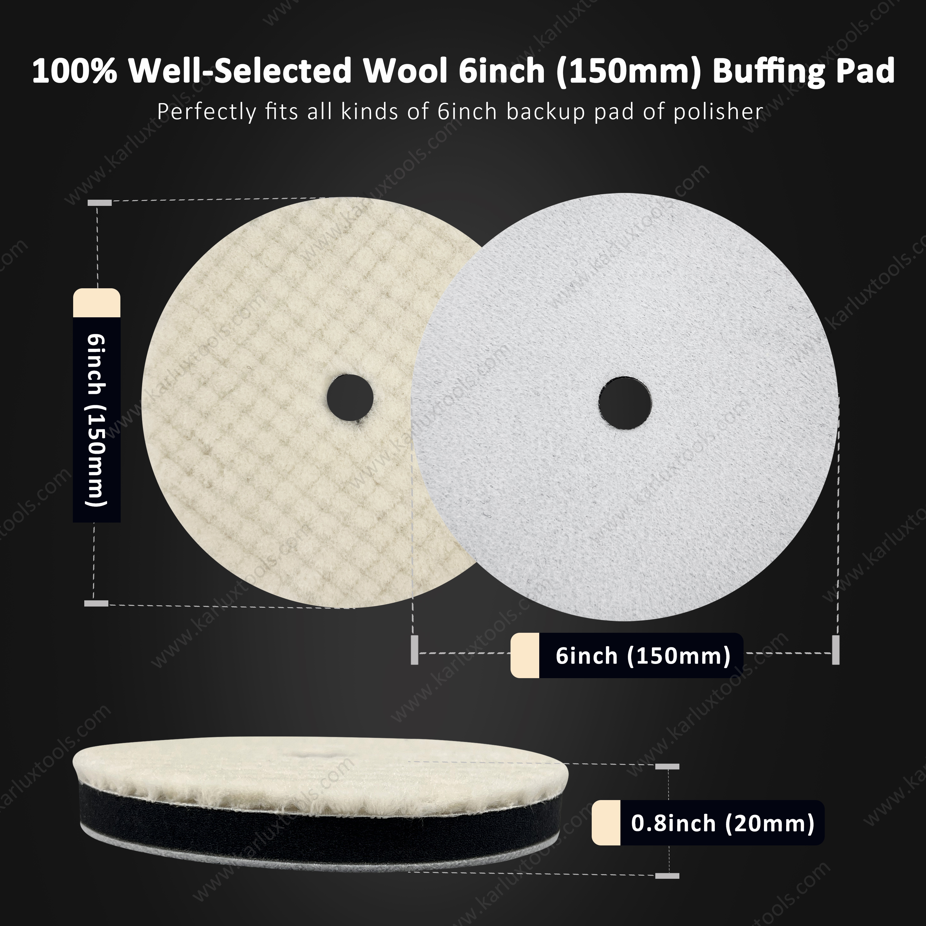 6inch 150mm Single Sided Flat Grid or Stripe Surface Wool Pad Buffing Pad Japanese Wool Polishing Pad Dual Action RO GA Polisher