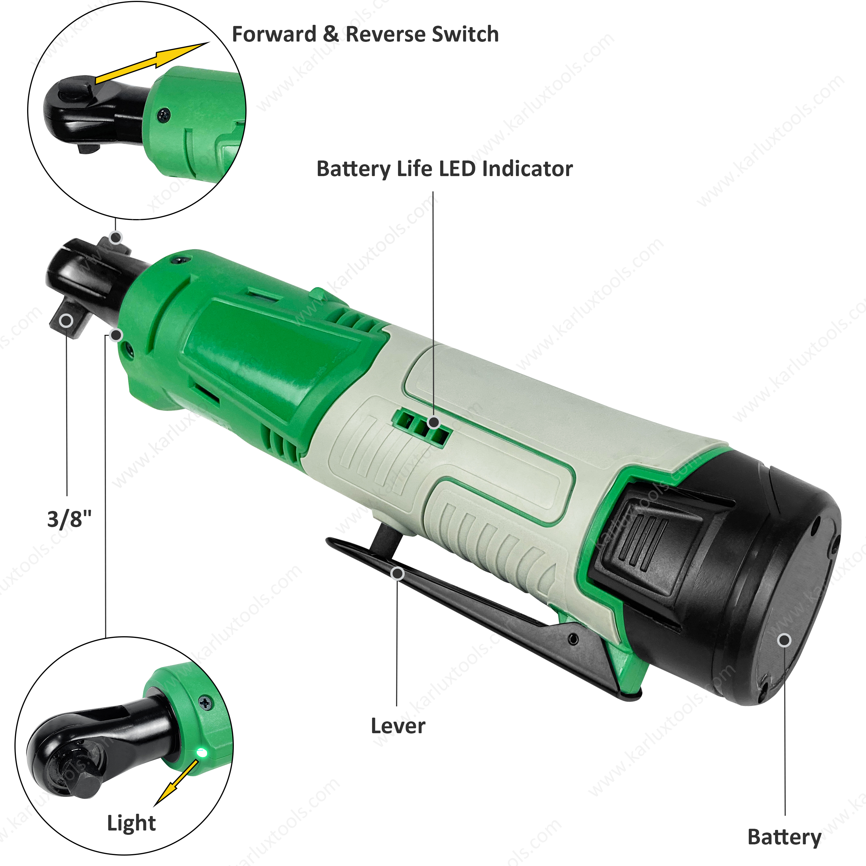 CBRWG3841212V-C Cordless Ratchet Wrench 12V 2000mAh 200rpm Hex Bore 3/8'' Bolt Size M10 Max Torque 41N.m