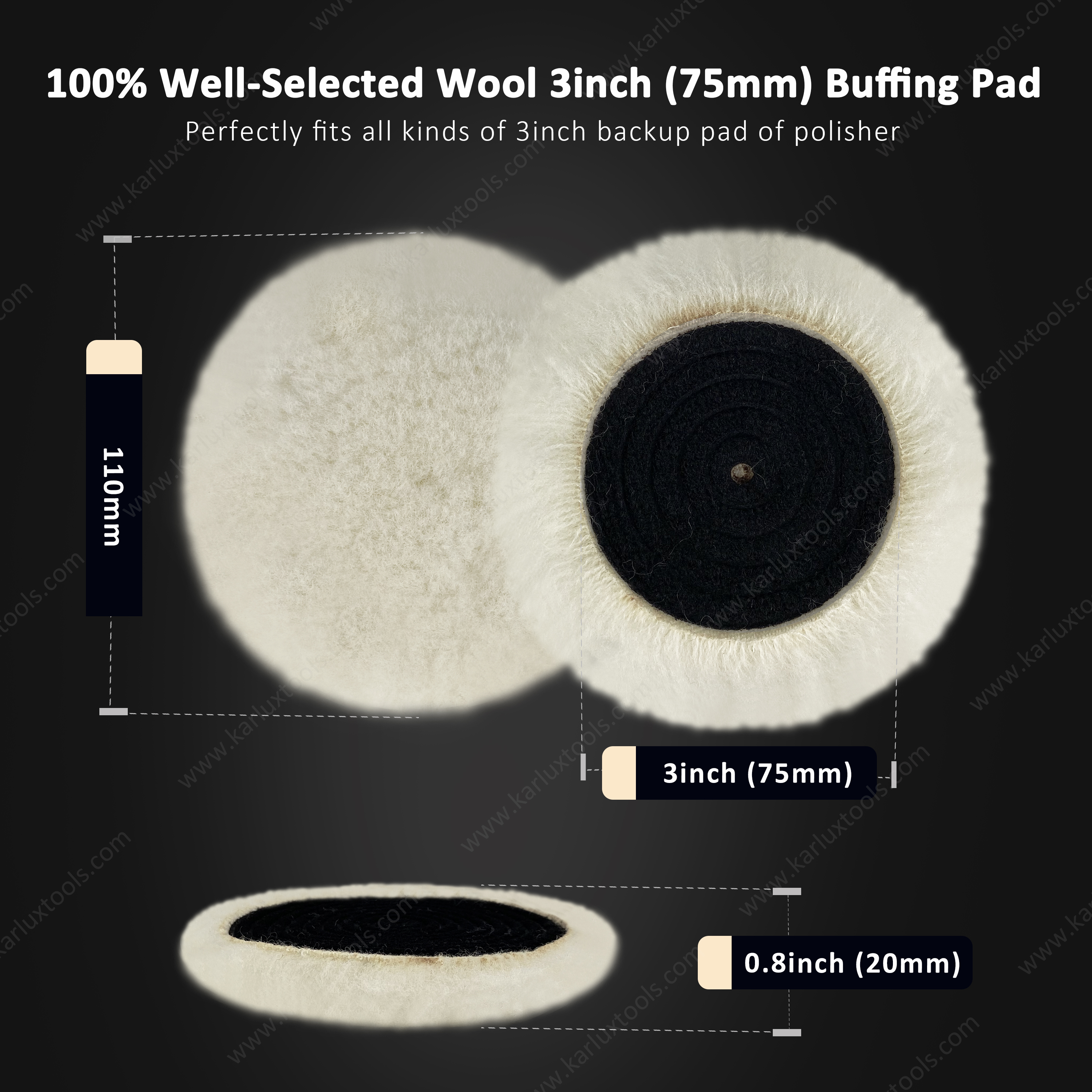 Wool Buffing Pad 1/2/3/4/5/6/7/8/9inch Swirl Fabric Back