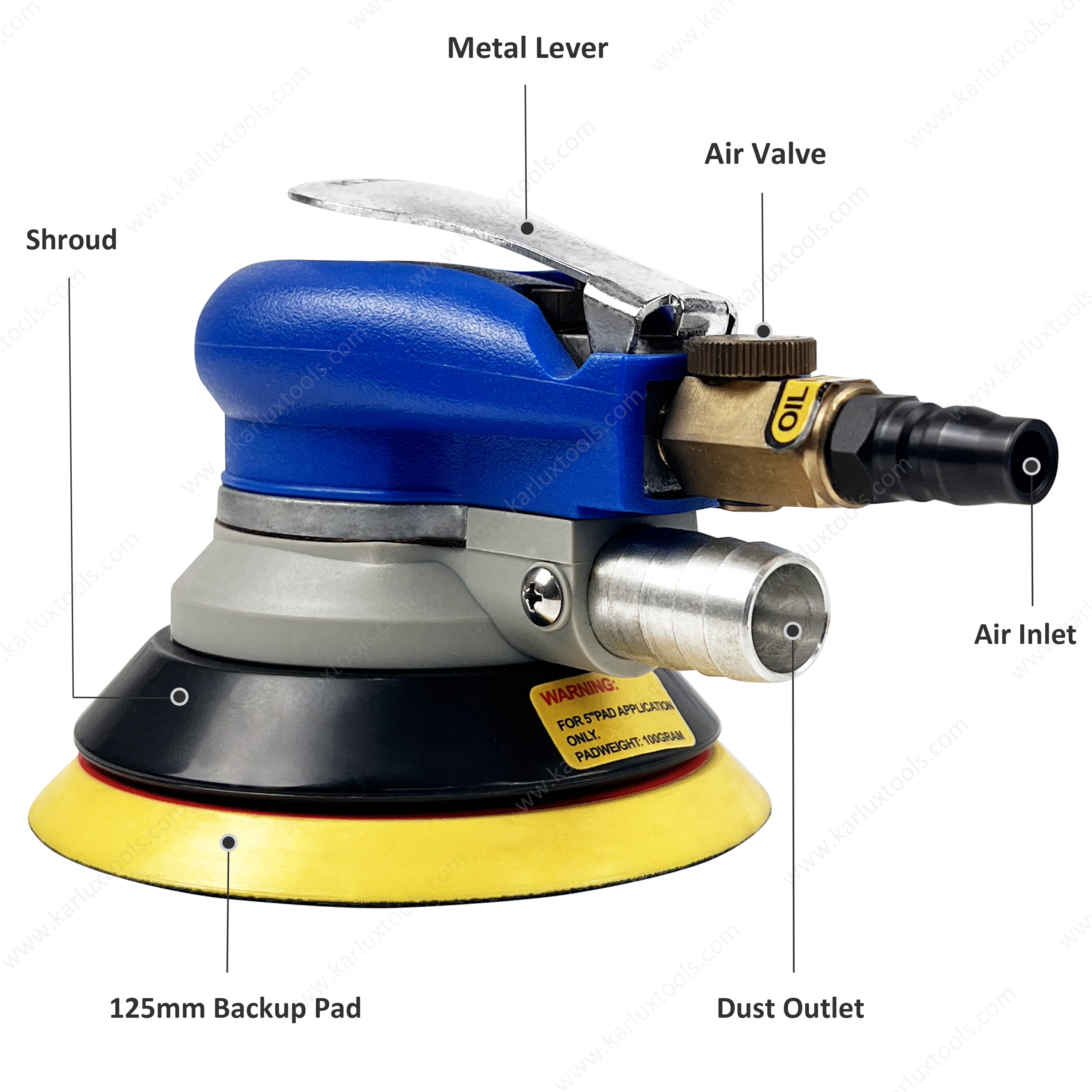 5Inch Self-generated Vacuum 5mm Orbit Pneumatic Random Orbital Palm Sander for Automotive Wood Metal Surface Finishing