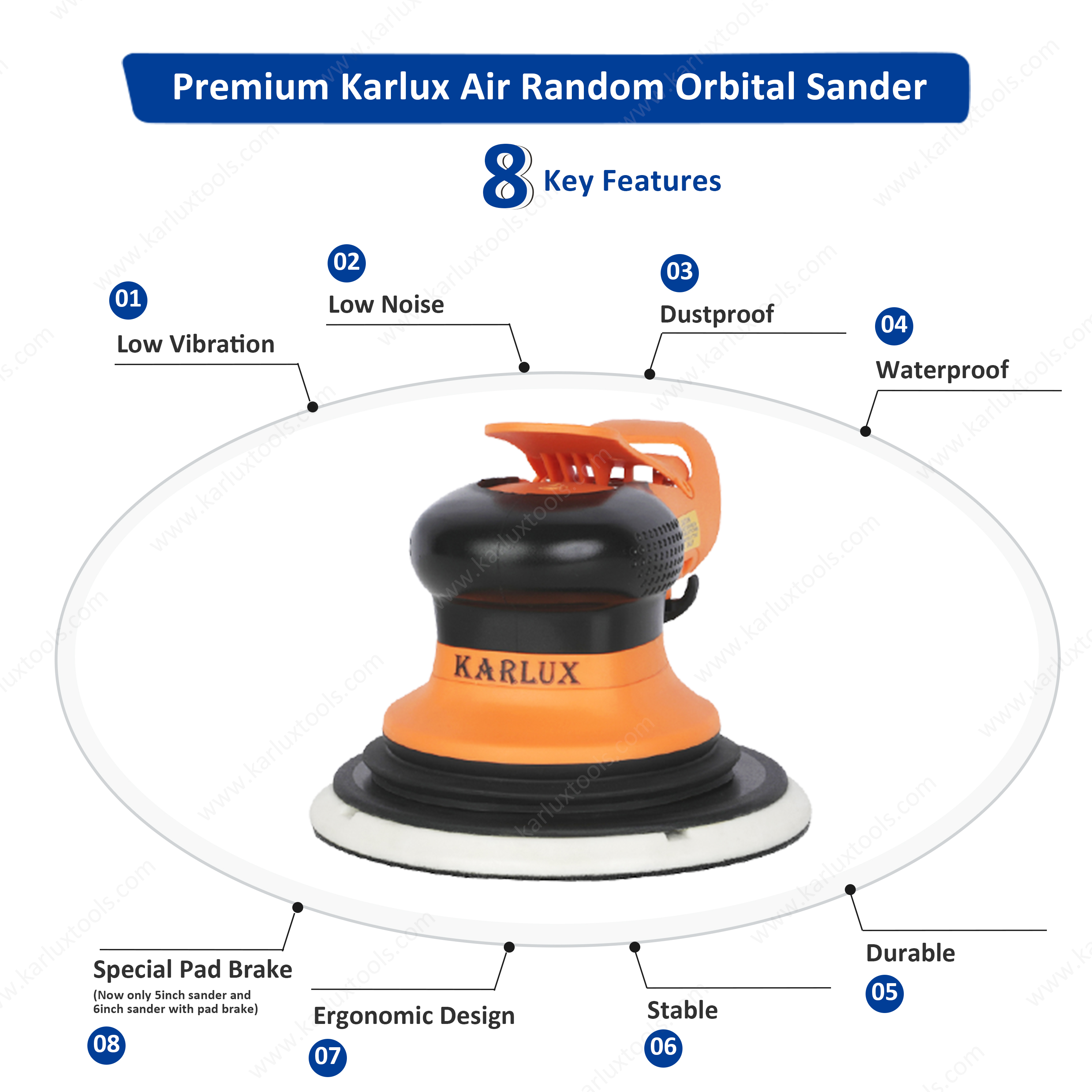 Air Sander 6inch (150mm) Orbit 2.5/5.0.8.0mm Central Vacuum 12,000RPM