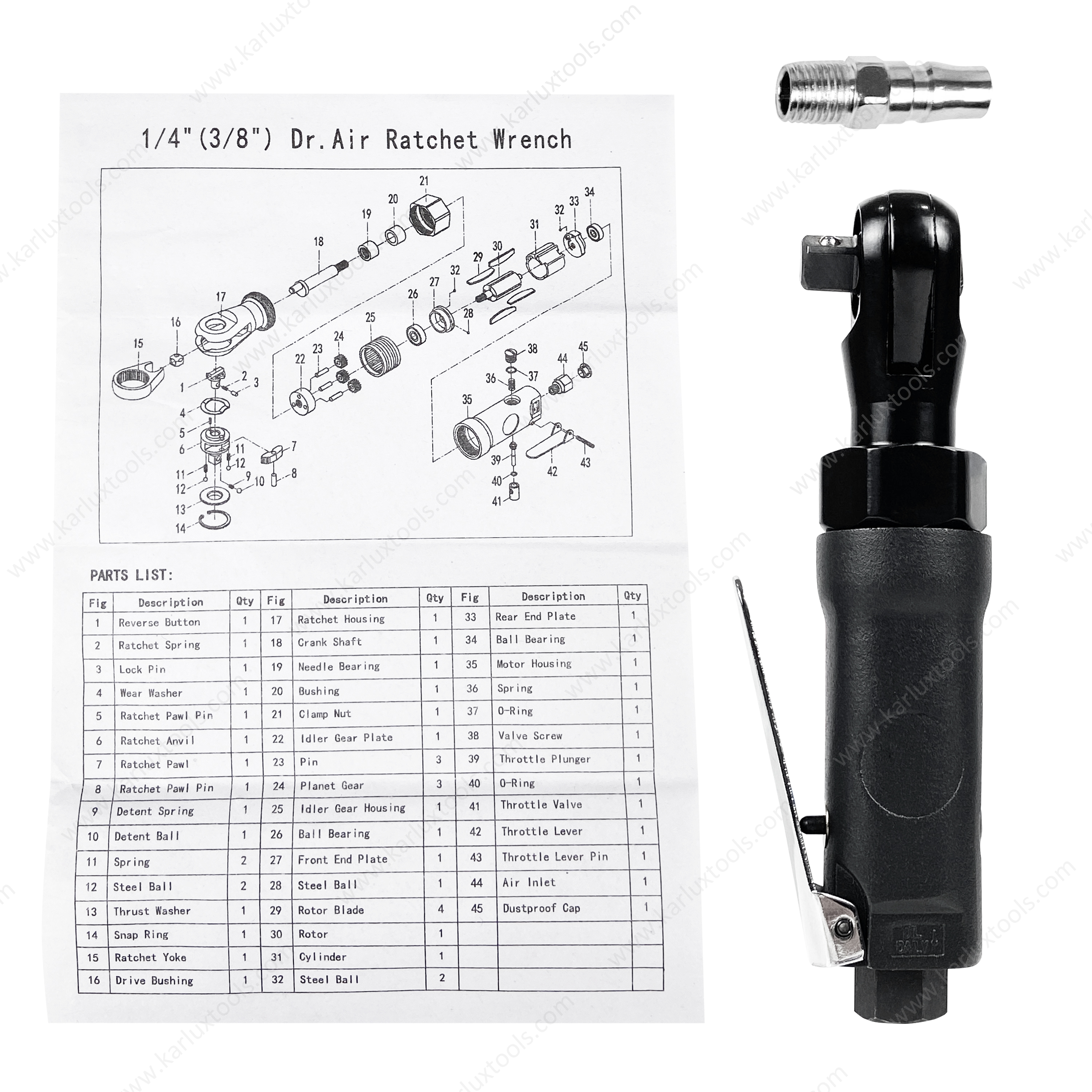 ARWBB142724-C Air Ratchet Wrench Square Size 240rpm Size of Hex Bore 1/4'' or 3/8'' Bolt Size M8 Max Torque 27N.m