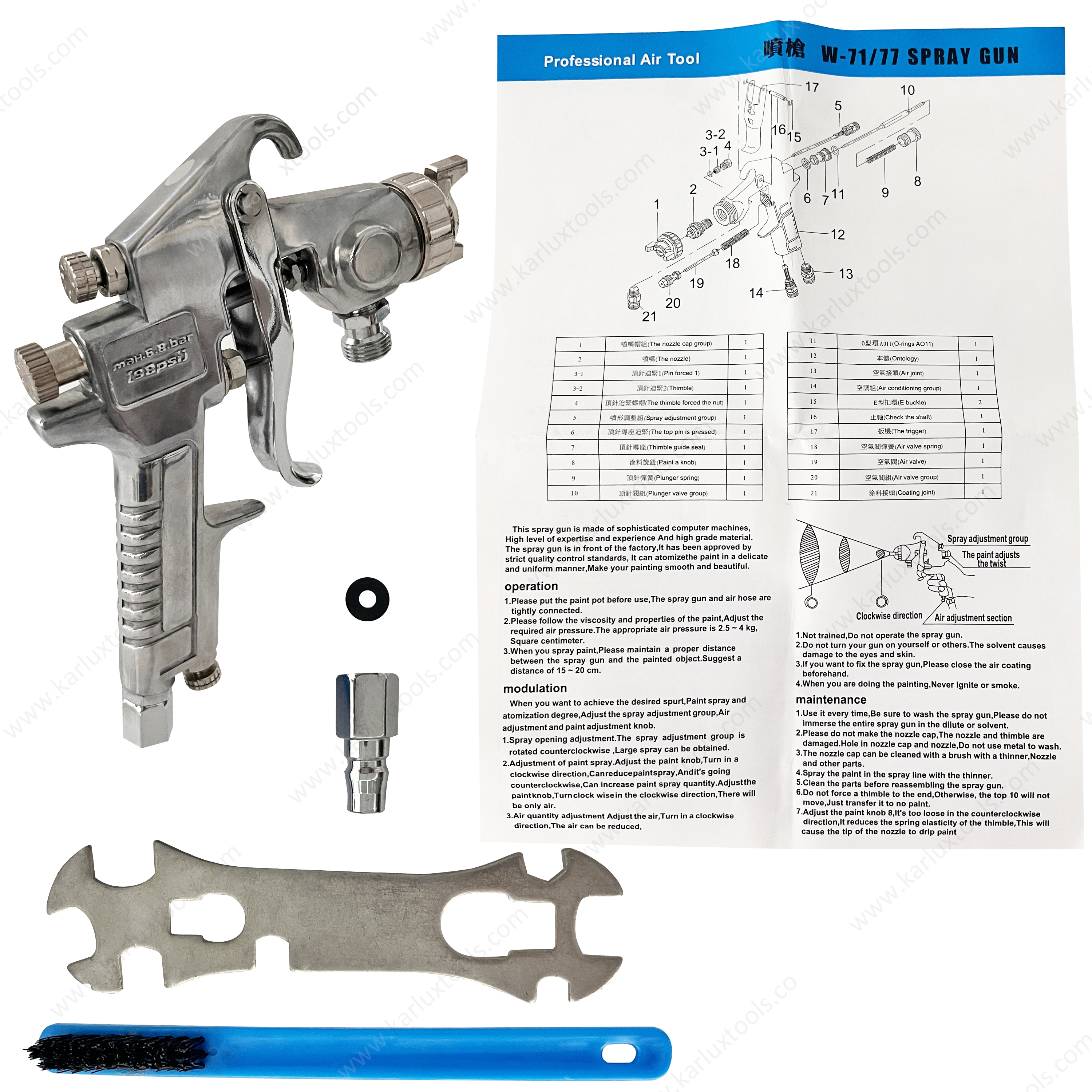 W-77-P 1.2mm Nozzle Industrial Pressure Feed Spray Gun Pneumatic Paint Repair Sprayer Air Paint Spray Gun
