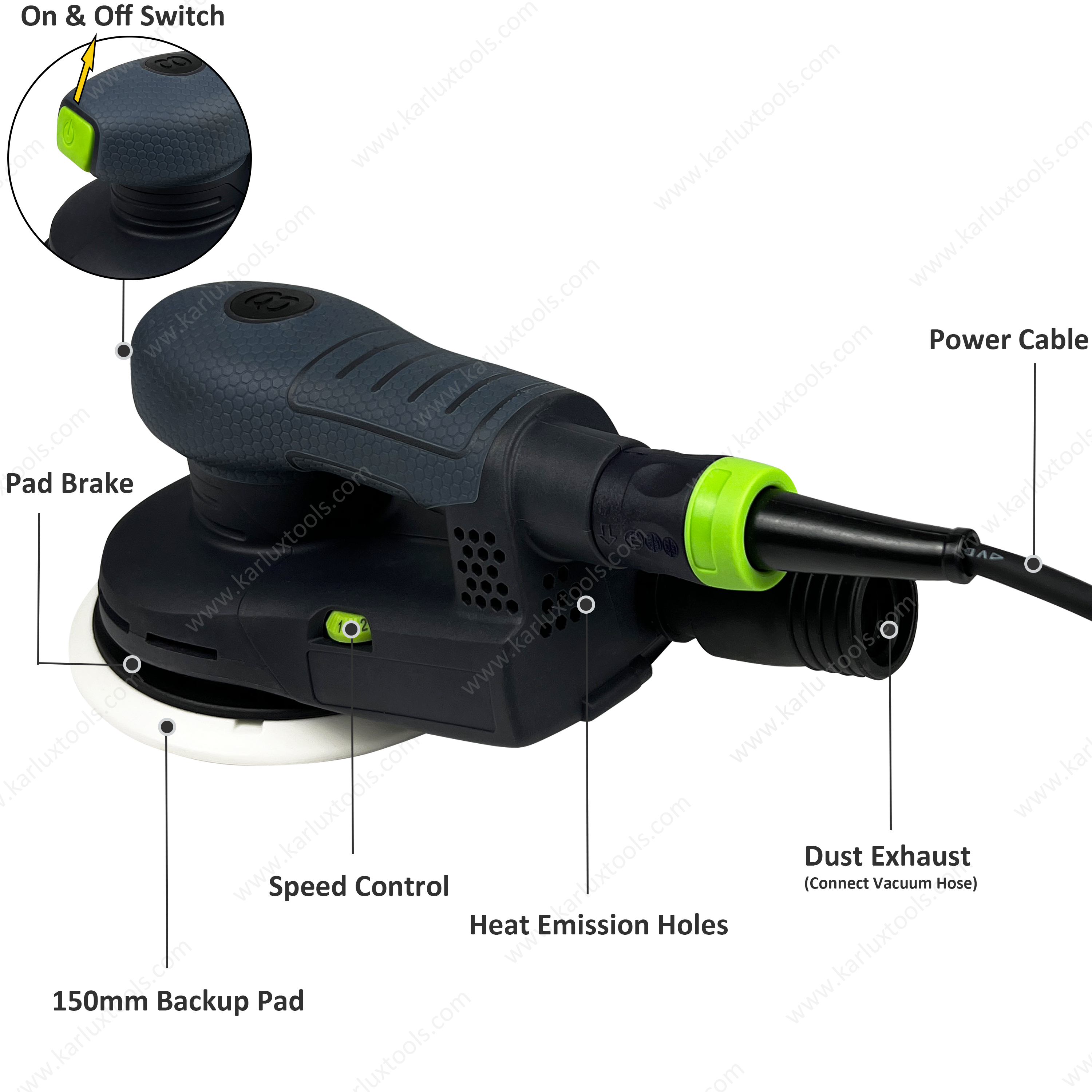 6Inch 150mm Orbit 8Mm 10000 Rpm Central Vacuum 400W Dustless Sander Power Cord Removable Electric Orbital Sander