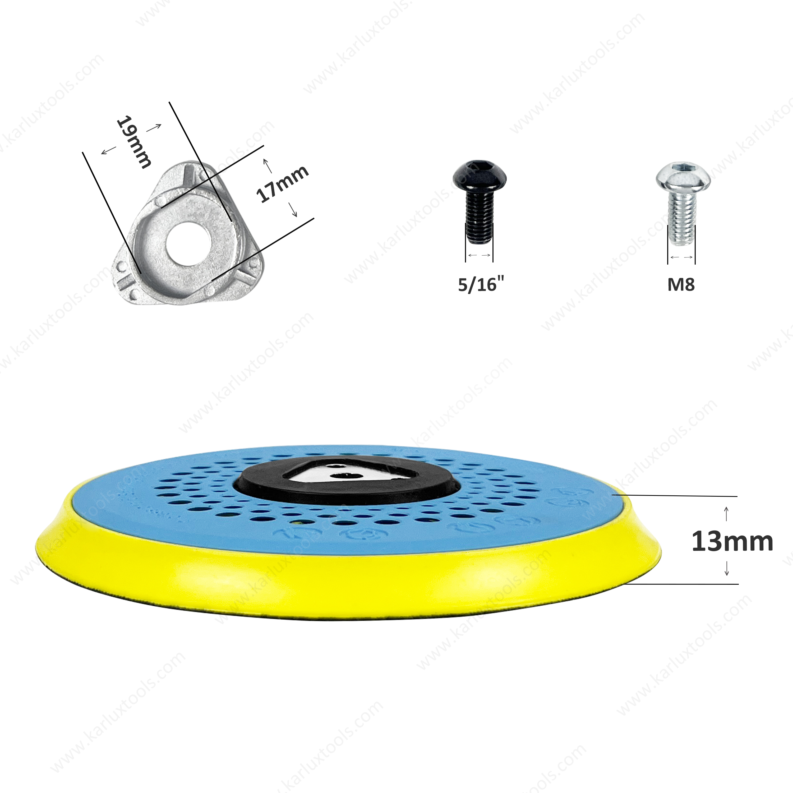 Sander Backing Pad PU 6inch (150mm) 17 Hole With 1 key, 1 washer, 1 bolt (5/16''), 1 bolt (M8), 1 wave washer and 1 adapter for Festool Sander