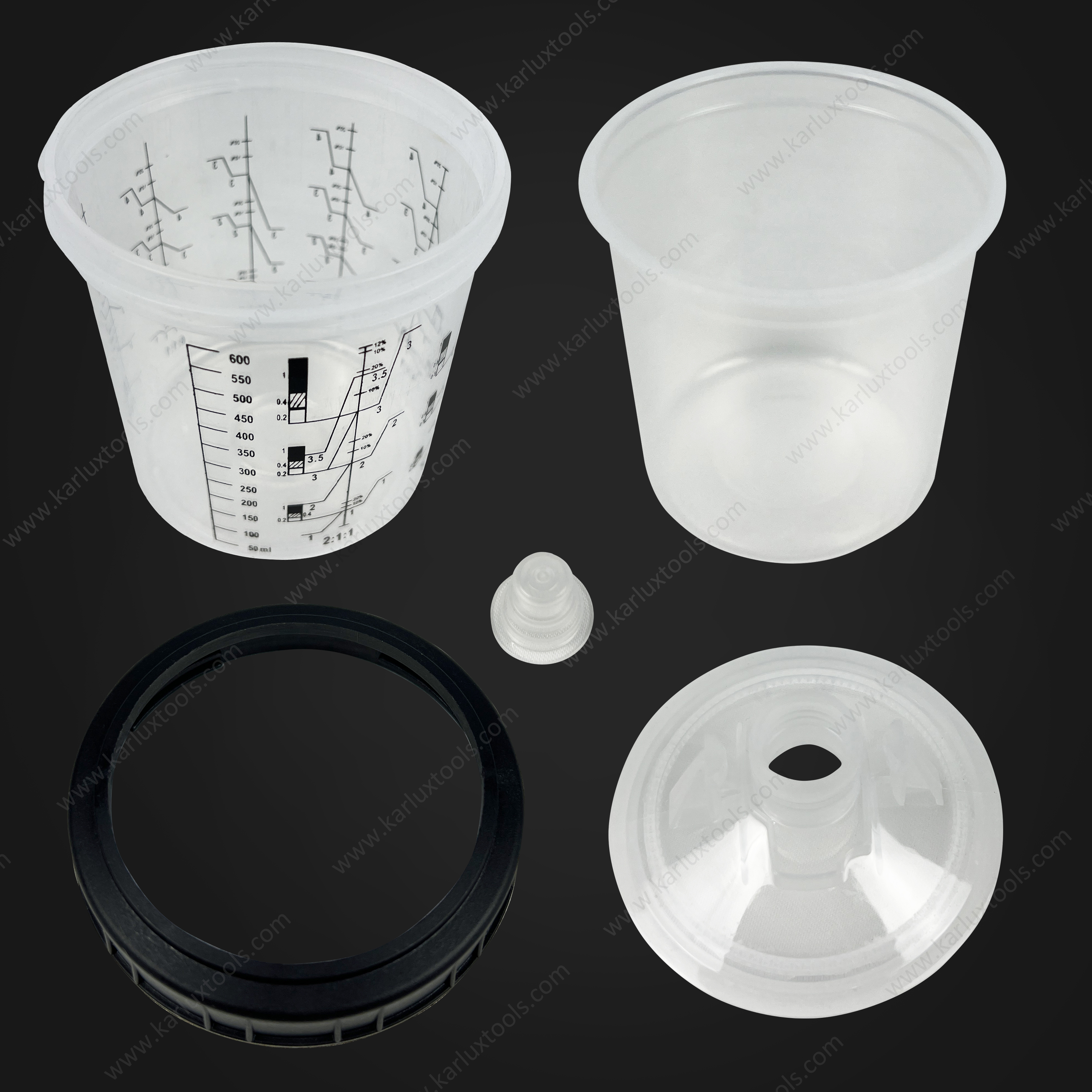 600ml Disposable Measuring Paint Spray Gun Cup Lids and Liners Kit Plastic Paint Mixing Cup with 125MIC or 190MIC Filter Cup