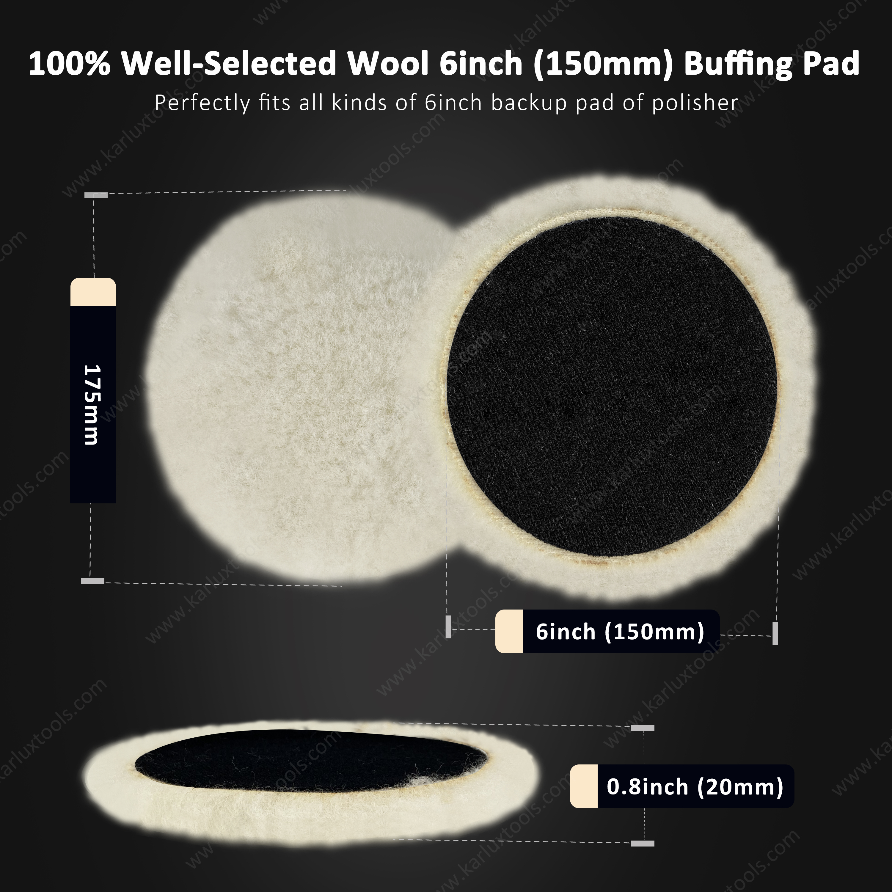 Wool Buffing Pad 1/2/3/4/5/6/7/8/9inch Swirl Fabric Back