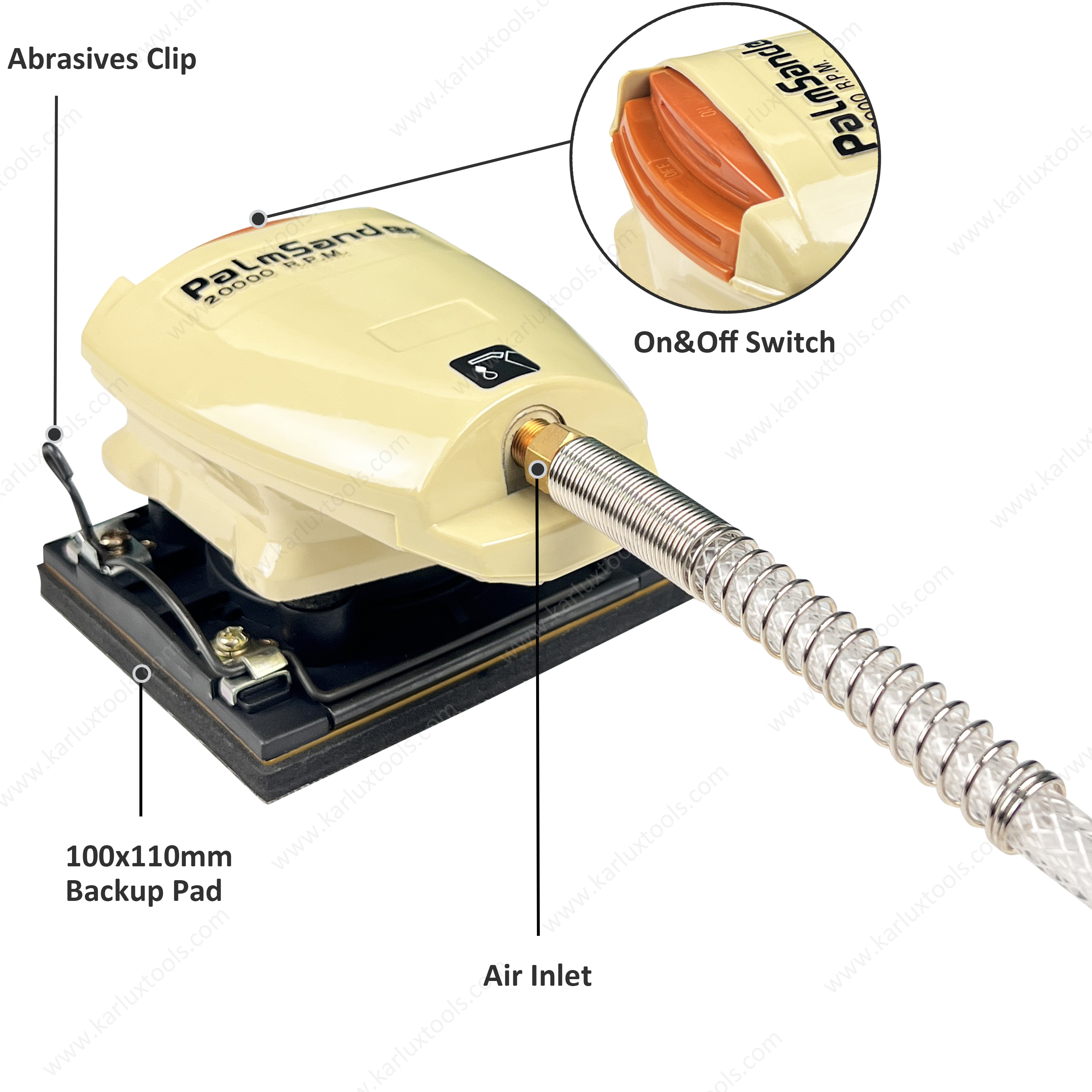 20000RPM 100x110mm 1.5mm Orbit Square Type Professional Pneumatic Palm Sander Air Sander for Auto Body & Woodworking