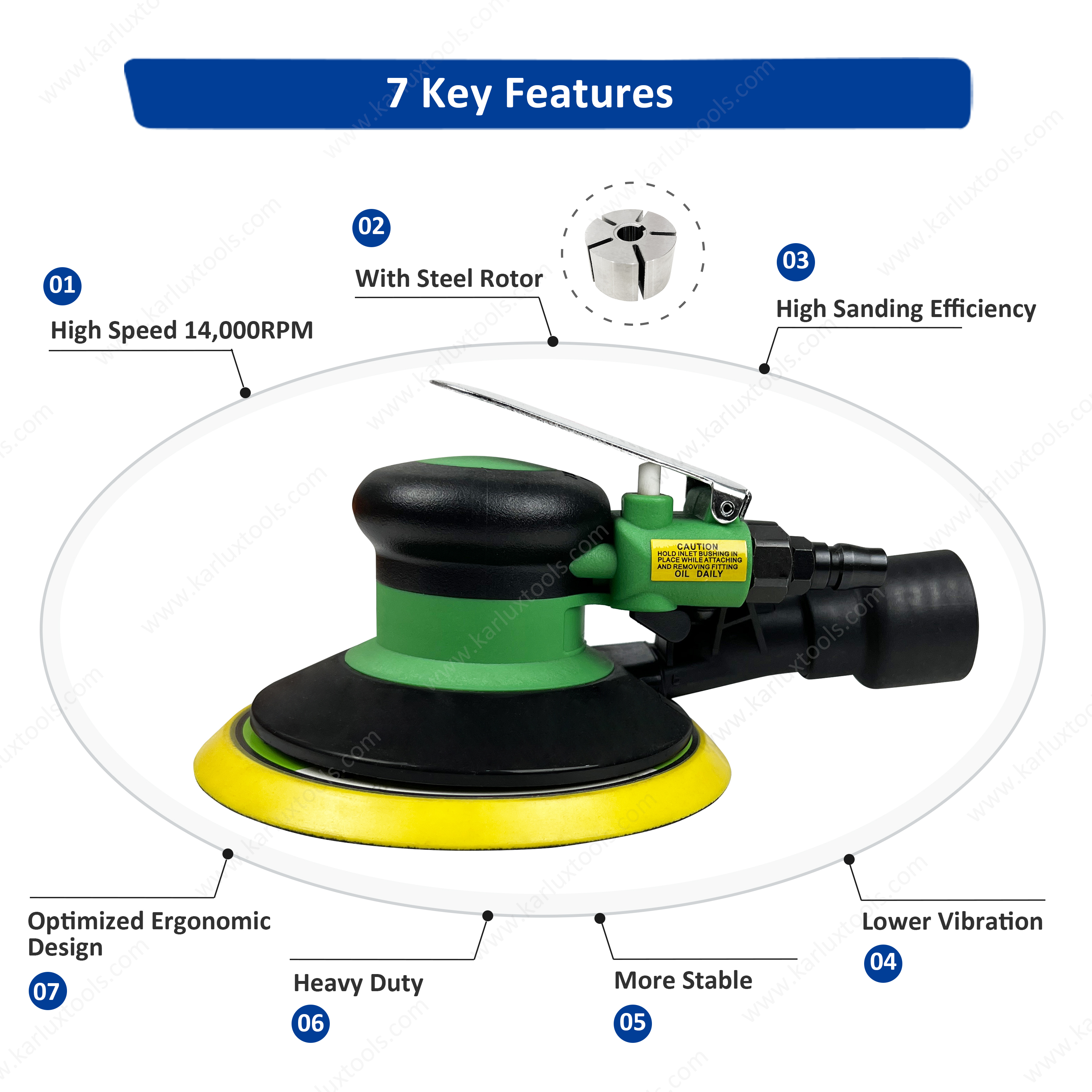 12000RPM 6inch 150mm Orbit 2.5/5.0/8.0mm Central Vacuum Professional Pneumatic Palm Sander Woodworking Air Random Orbital Sander