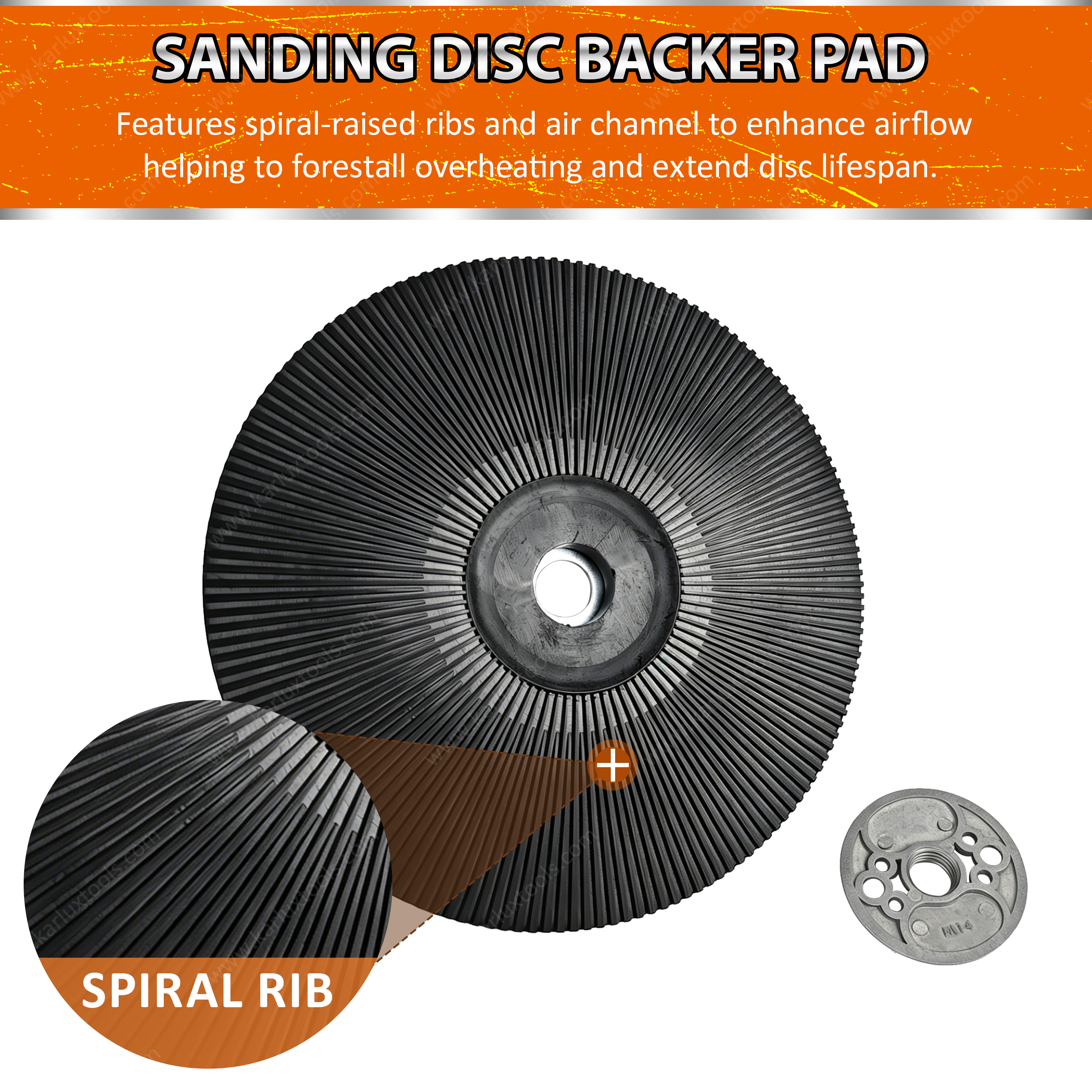 180mm M14 Thread Fiber Disc Backup Pad Spiral Cooling Sanding Pad Alloy Reinforced Backing Plate for Metal Angle Grinder